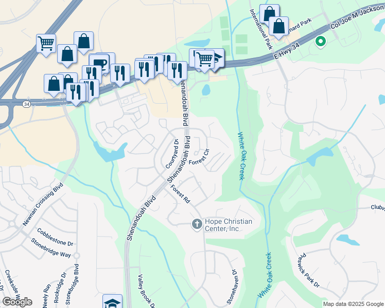 map of restaurants, bars, coffee shops, grocery stores, and more near 5 Forest Circle in Newnan