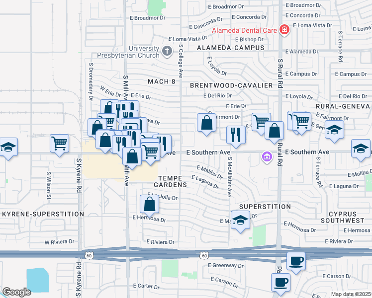 map of restaurants, bars, coffee shops, grocery stores, and more near 309 East Patrician Drive in Tempe