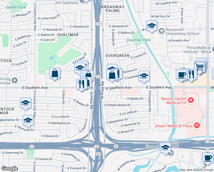 map of restaurants, bars, coffee shops, grocery stores, and more near 2324 East Southern Avenue in Tempe