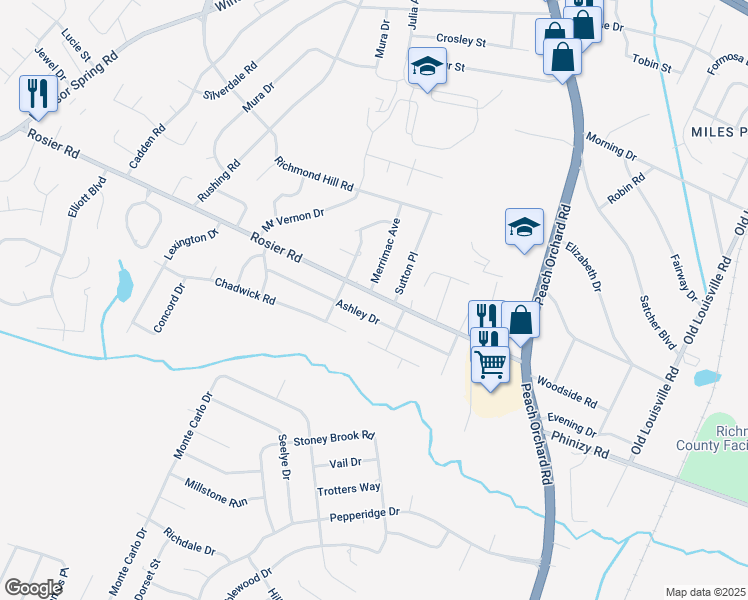 map of restaurants, bars, coffee shops, grocery stores, and more near 2046 Rosier Road in Augusta