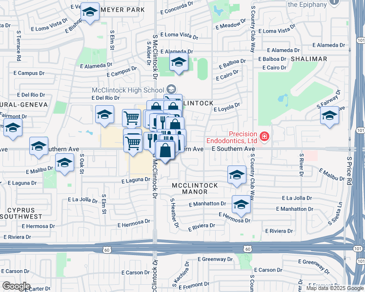 map of restaurants, bars, coffee shops, grocery stores, and more near 1817 East Southern Avenue in Tempe