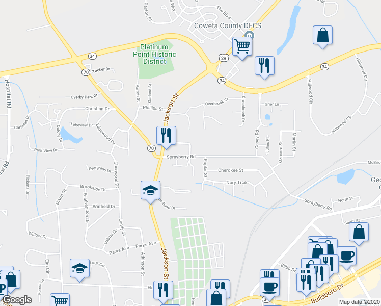 map of restaurants, bars, coffee shops, grocery stores, and more near 28 Columbus Circle in Newnan