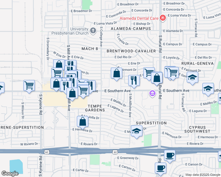 map of restaurants, bars, coffee shops, grocery stores, and more near 424 East Southern Avenue in Tempe
