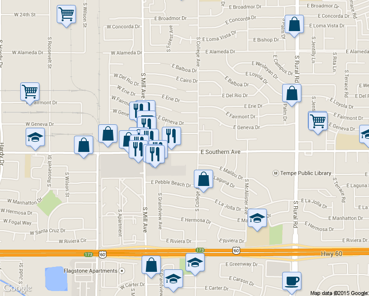 map of restaurants, bars, coffee shops, grocery stores, and more near in Tempe