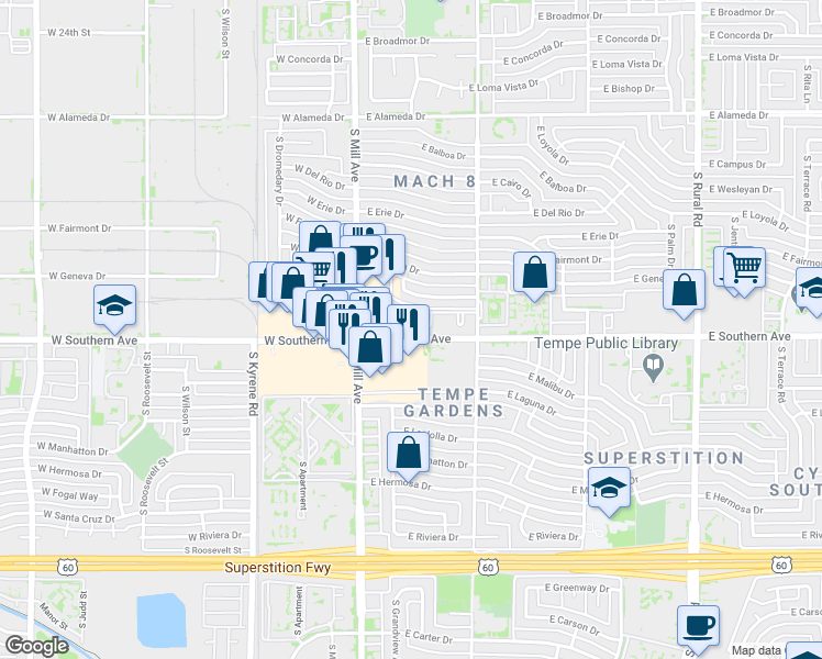 map of restaurants, bars, coffee shops, grocery stores, and more near 125 East Southern Avenue in Tempe