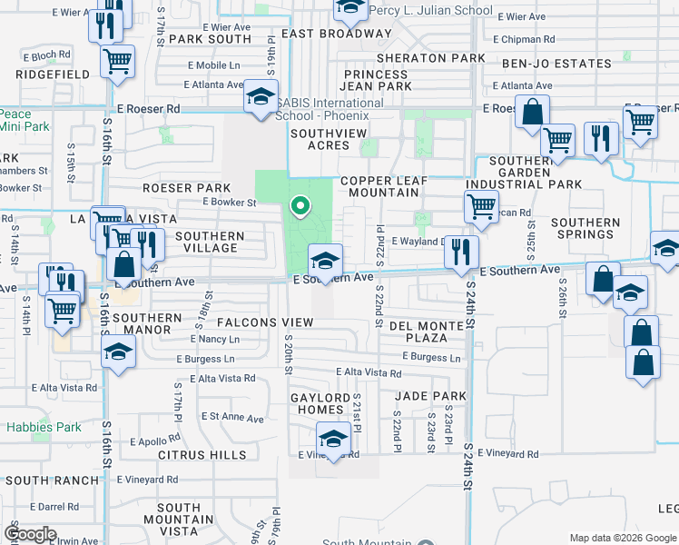 map of restaurants, bars, coffee shops, grocery stores, and more near 5744 South 21st Place in Phoenix