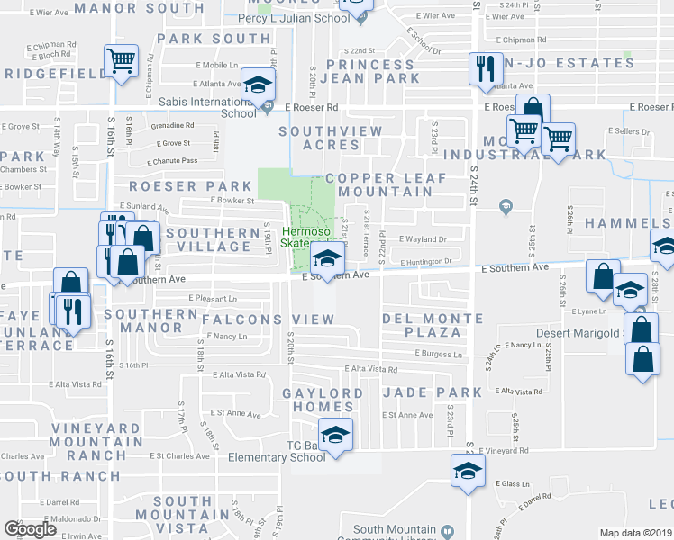 map of restaurants, bars, coffee shops, grocery stores, and more near 5744 South 21st Place in Phoenix