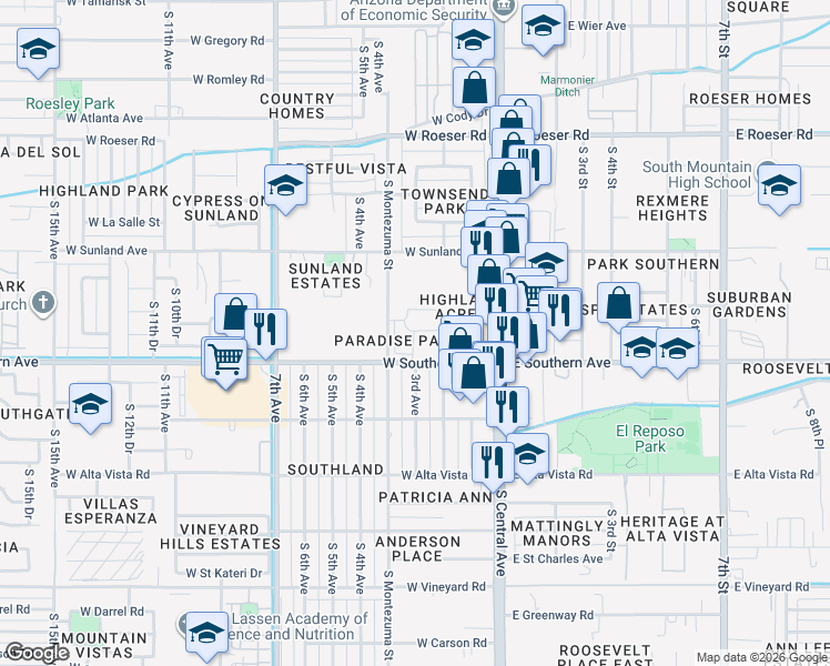 map of restaurants, bars, coffee shops, grocery stores, and more near 234 West Southern Avenue in Phoenix