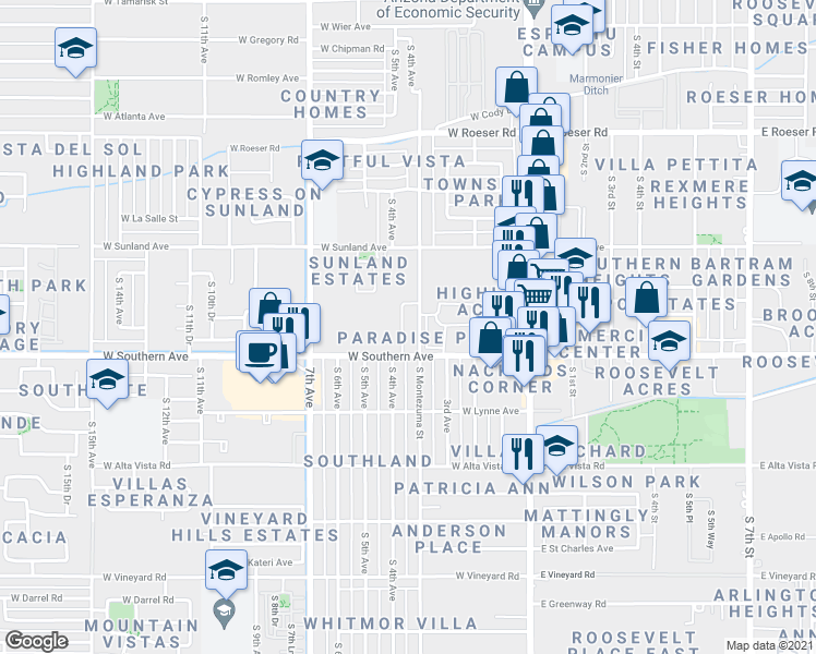 map of restaurants, bars, coffee shops, grocery stores, and more near 400 West Southern Avenue in Phoenix