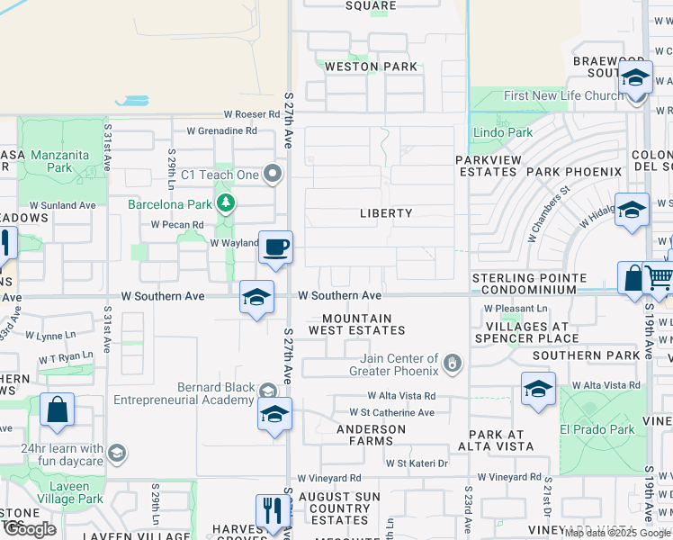 map of restaurants, bars, coffee shops, grocery stores, and more near 2610 West Kowalsky Lane in Phoenix