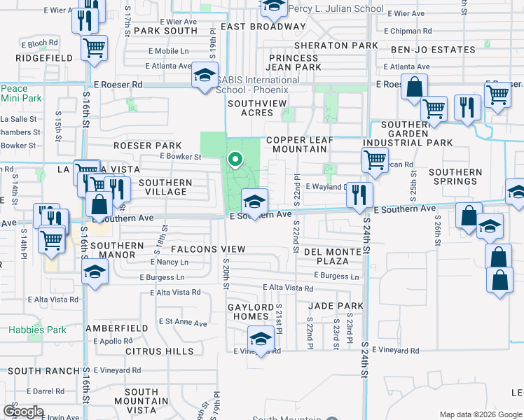 map of restaurants, bars, coffee shops, grocery stores, and more near 5744 South 21st Place in Phoenix