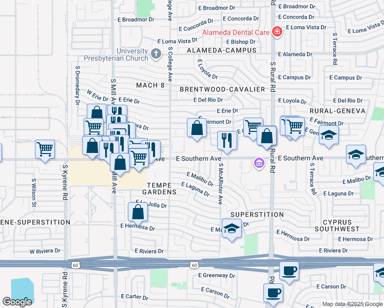 map of restaurants, bars, coffee shops, grocery stores, and more near 424 East Southern Avenue in Tempe