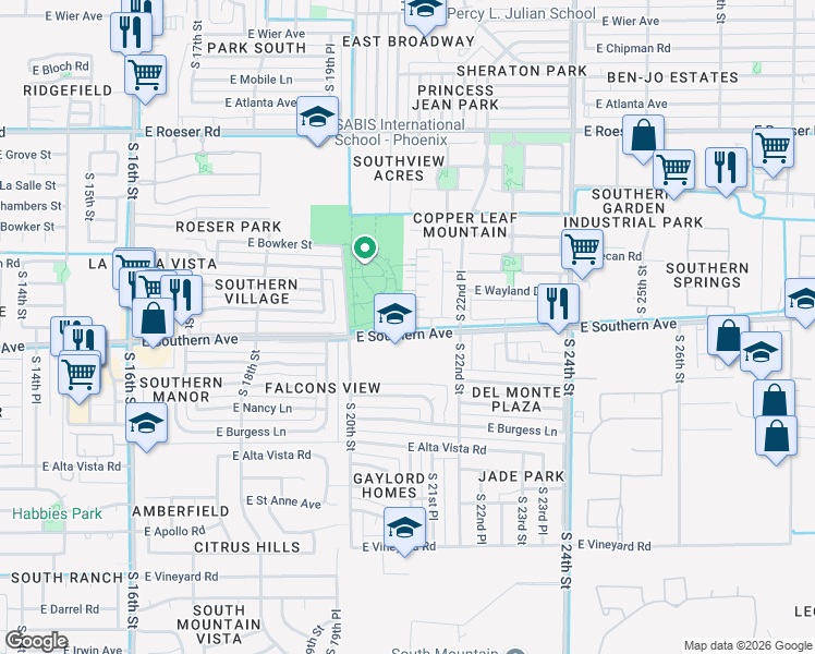 map of restaurants, bars, coffee shops, grocery stores, and more near 5744 South 21st Place in Phoenix