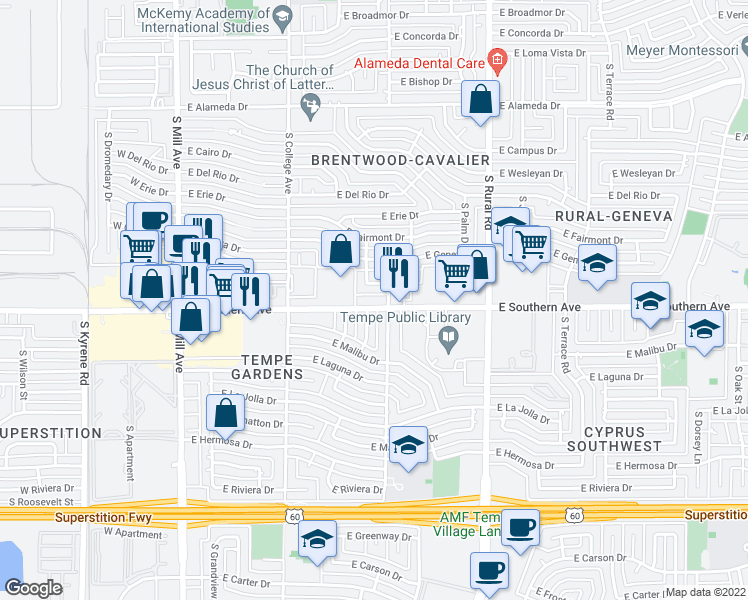 map of restaurants, bars, coffee shops, grocery stores, and more near 512 East Southern Avenue in Tempe