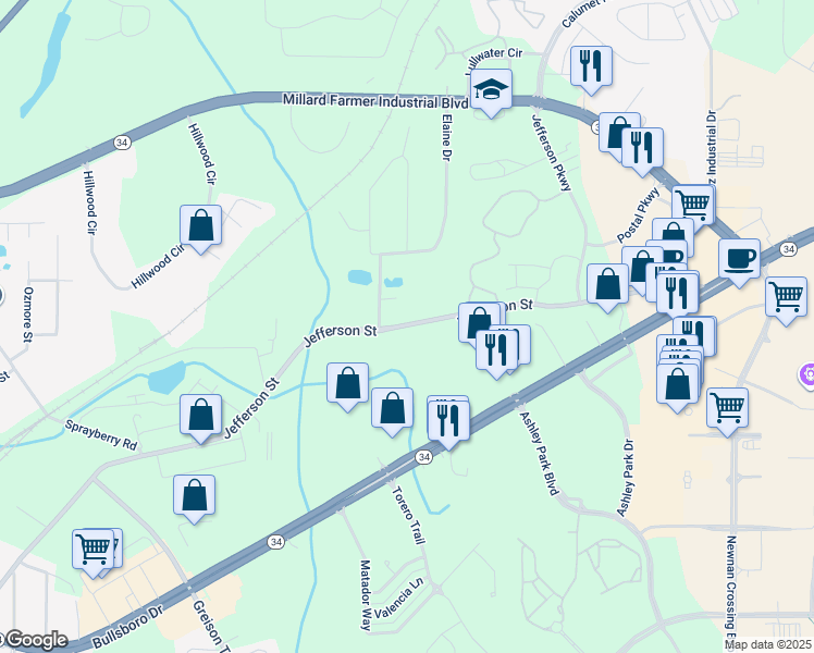 map of restaurants, bars, coffee shops, grocery stores, and more near 446 Jefferson Saint Exd in Newnan