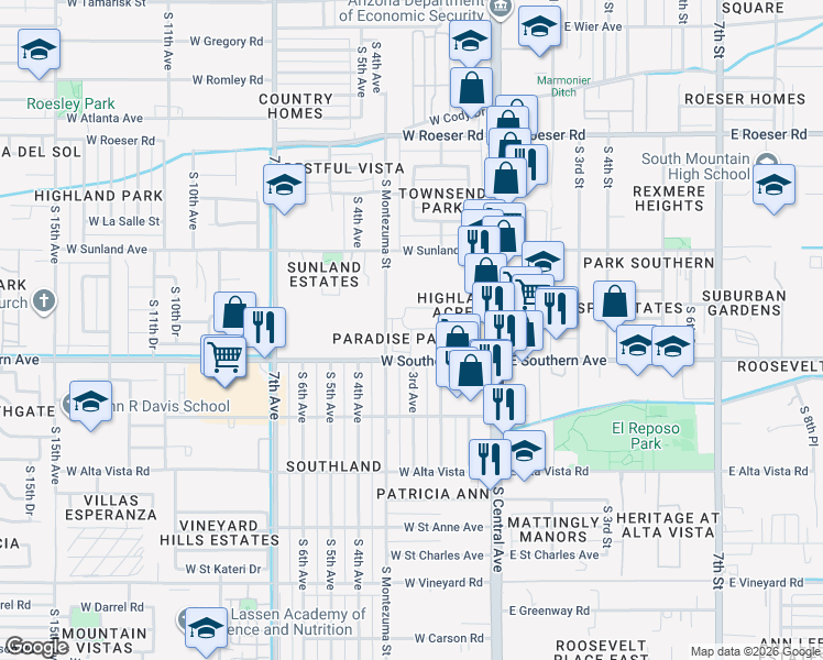 map of restaurants, bars, coffee shops, grocery stores, and more near 234 West Southern Avenue in Phoenix