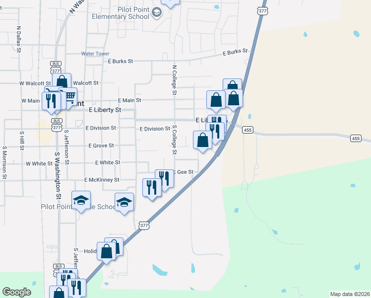 map of restaurants, bars, coffee shops, grocery stores, and more near 440 Roberts Court in Pilot Point