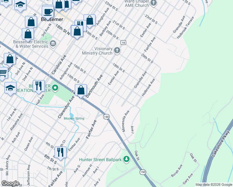 map of restaurants, bars, coffee shops, grocery stores, and more near 1600 Fairfax Avenue in Bessemer
