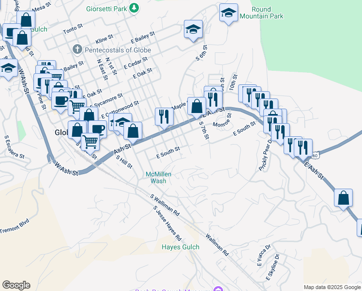 map of restaurants, bars, coffee shops, grocery stores, and more near 683 South 4th Street in Globe