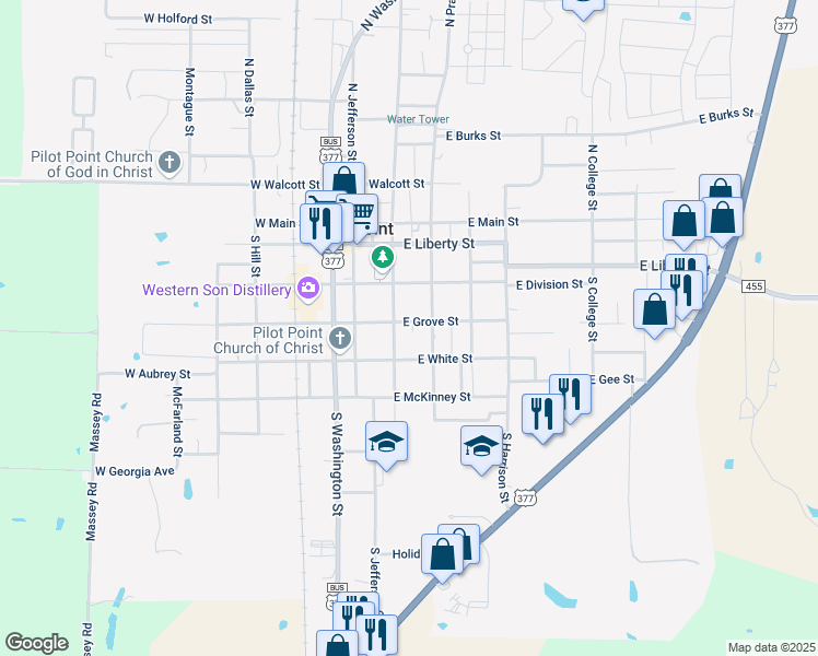 map of restaurants, bars, coffee shops, grocery stores, and more near 209 East Grove Street in Pilot Point