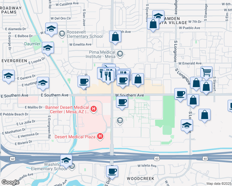 map of restaurants, bars, coffee shops, grocery stores, and more near 1155 South Dobson Road in Mesa