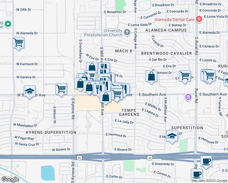 map of restaurants, bars, coffee shops, grocery stores, and more near 200 East Southern Avenue in Tempe