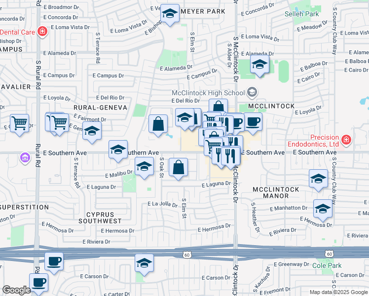 map of restaurants, bars, coffee shops, grocery stores, and more near 1528 East Southern Avenue in Tempe