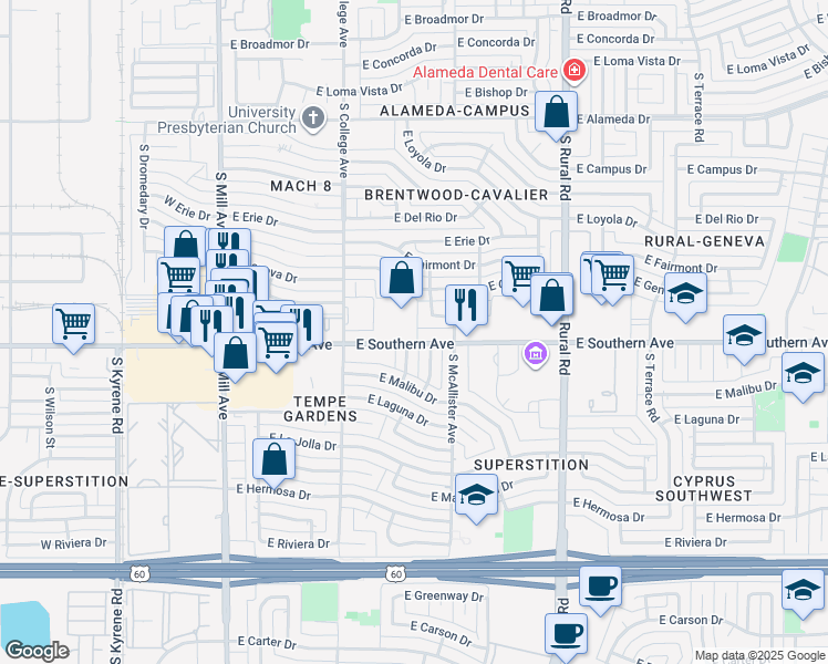 map of restaurants, bars, coffee shops, grocery stores, and more near 512 East Southern Avenue in Tempe