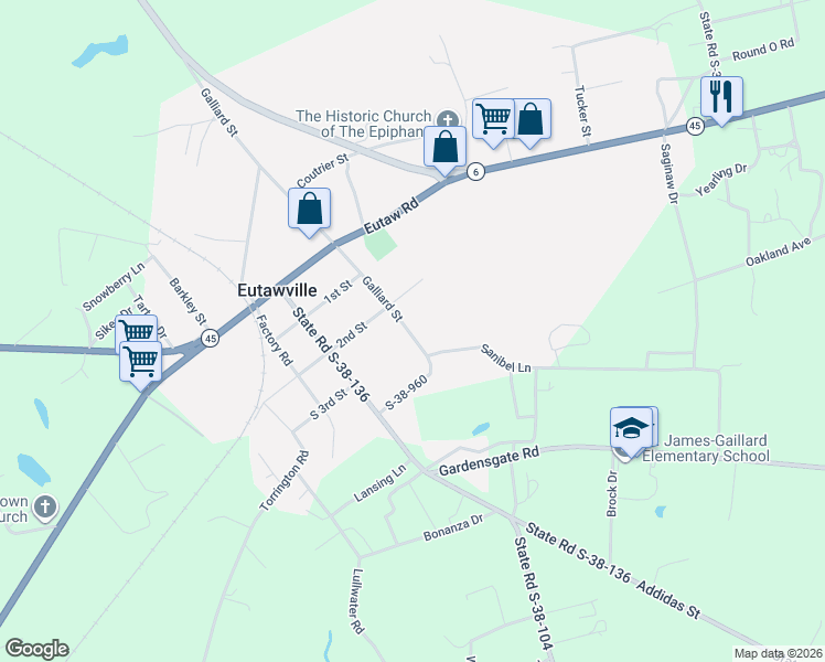 map of restaurants, bars, coffee shops, grocery stores, and more near 611 Galliard Street in Eutawville