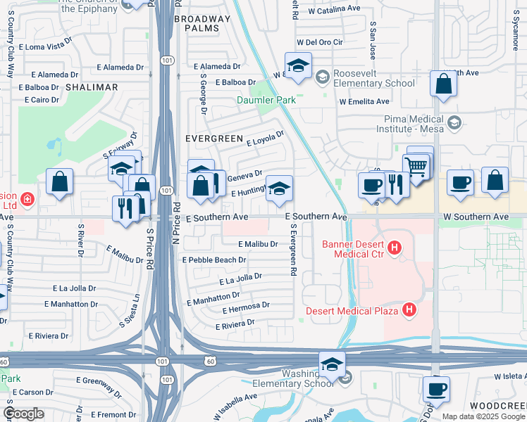 map of restaurants, bars, coffee shops, grocery stores, and more near 3247 South Allred Drive in Tempe