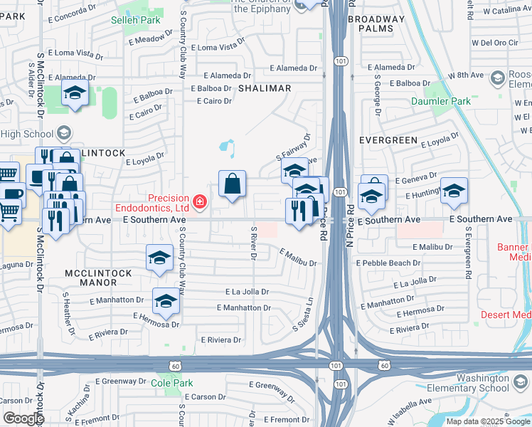 map of restaurants, bars, coffee shops, grocery stores, and more near 2113 East Huntington Drive in Tempe