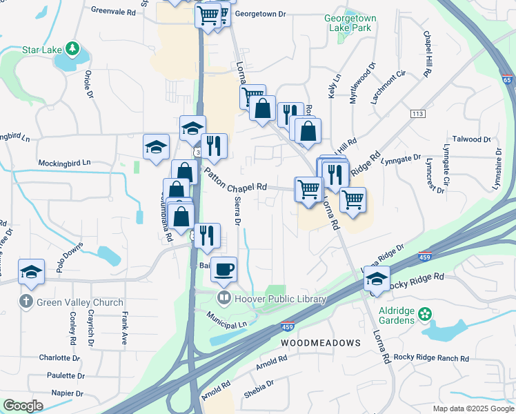 map of restaurants, bars, coffee shops, grocery stores, and more near 3424 Sheila Drive in Birmingham
