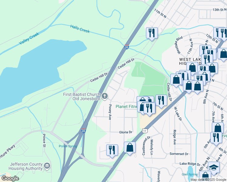 map of restaurants, bars, coffee shops, grocery stores, and more near 405 Warren Street in Bessemer