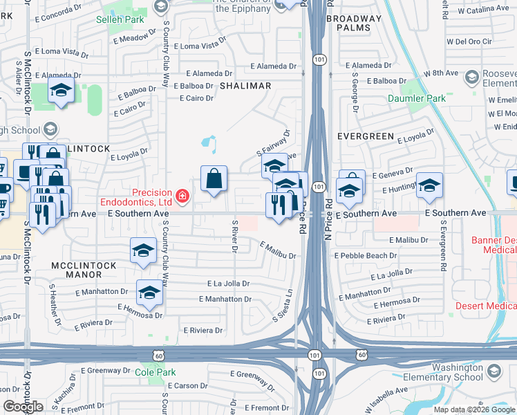 map of restaurants, bars, coffee shops, grocery stores, and more near 2113 East Huntington Drive in Tempe