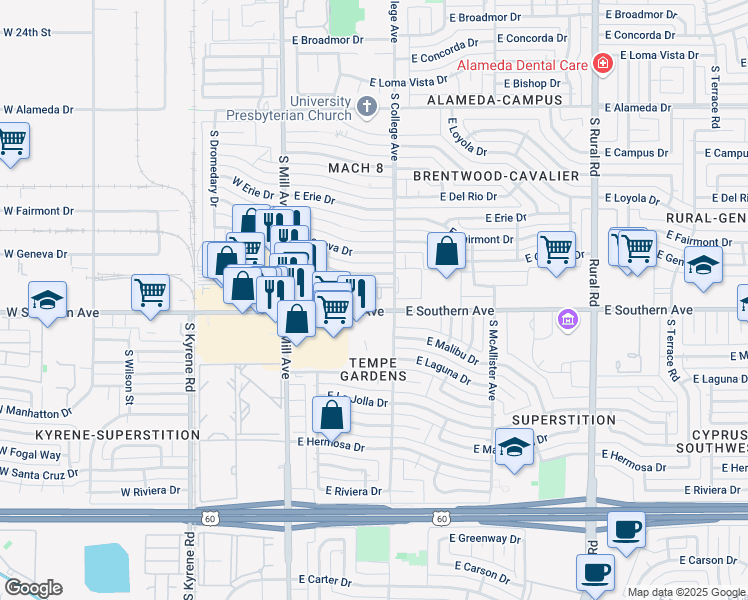 map of restaurants, bars, coffee shops, grocery stores, and more near 200 East Southern Avenue in Tempe