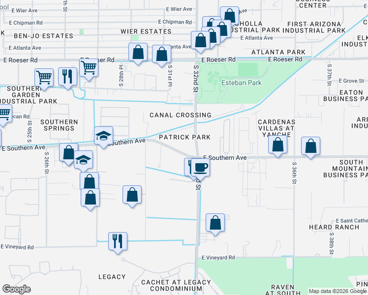 map of restaurants, bars, coffee shops, grocery stores, and more near 3130 East Southern Avenue in Phoenix