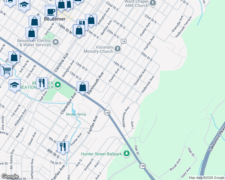 map of restaurants, bars, coffee shops, grocery stores, and more near 1515 Fairfax Avenue in Bessemer