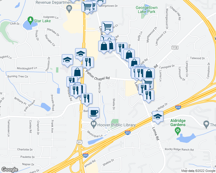 map of restaurants, bars, coffee shops, grocery stores, and more near 3461 Primm Lane in Hoover