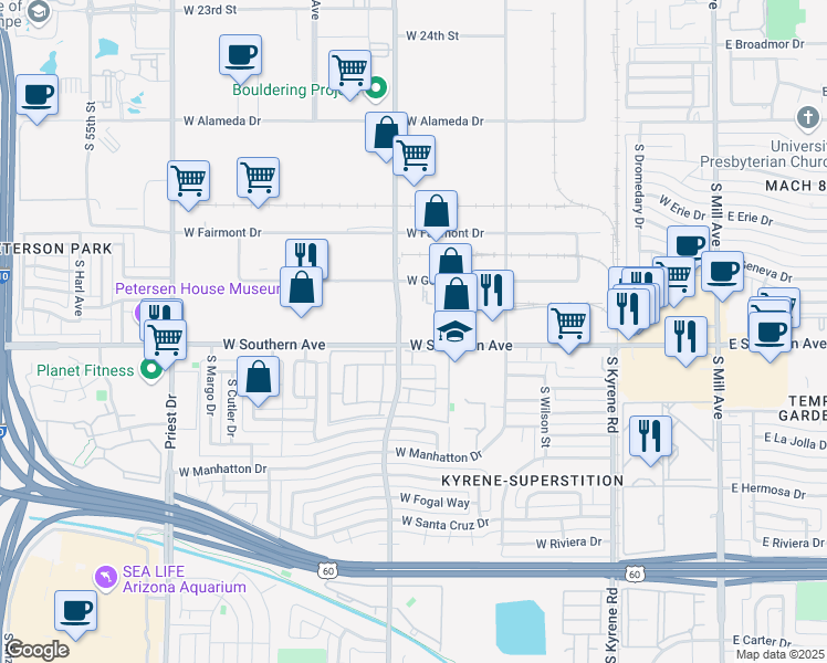 map of restaurants, bars, coffee shops, grocery stores, and more near 950 West Southern Avenue in Tempe