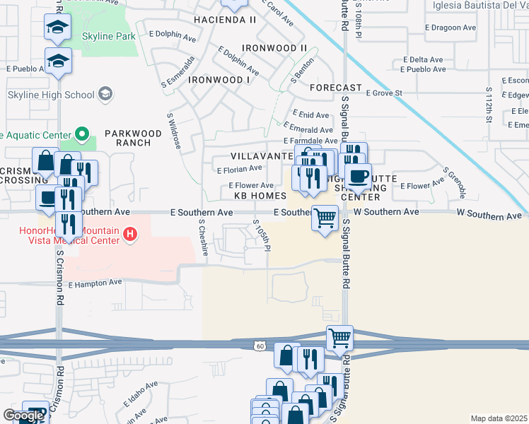 map of restaurants, bars, coffee shops, grocery stores, and more near 38841 East Southern Avenue in Mesa