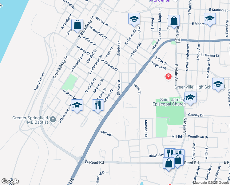 map of restaurants, bars, coffee shops, grocery stores, and more near 1110-1130 Boyd Street in Greenville