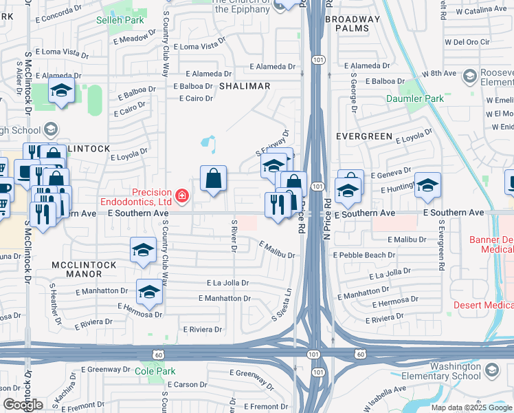 map of restaurants, bars, coffee shops, grocery stores, and more near 2113 East Huntington Drive in Tempe