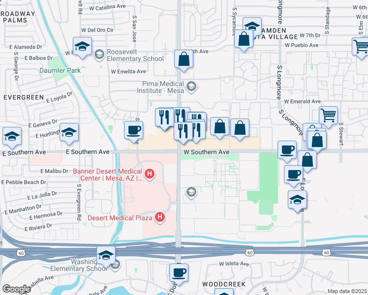 map of restaurants, bars, coffee shops, grocery stores, and more near 1155 South Dobson Road in Mesa