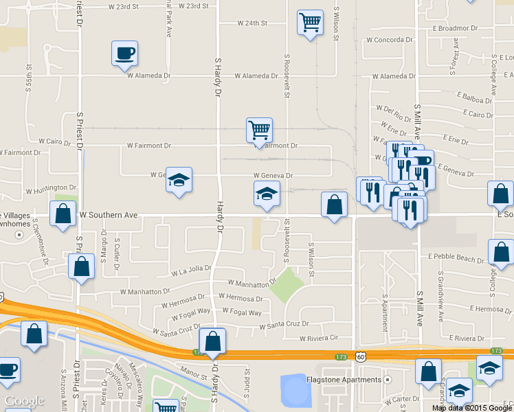 map of restaurants, bars, coffee shops, grocery stores, and more near 750 West Southern Avenue in Tempe