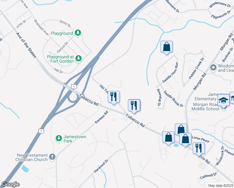 map of restaurants, bars, coffee shops, grocery stores, and more near 2919 Tobacco Road in Hephzibah