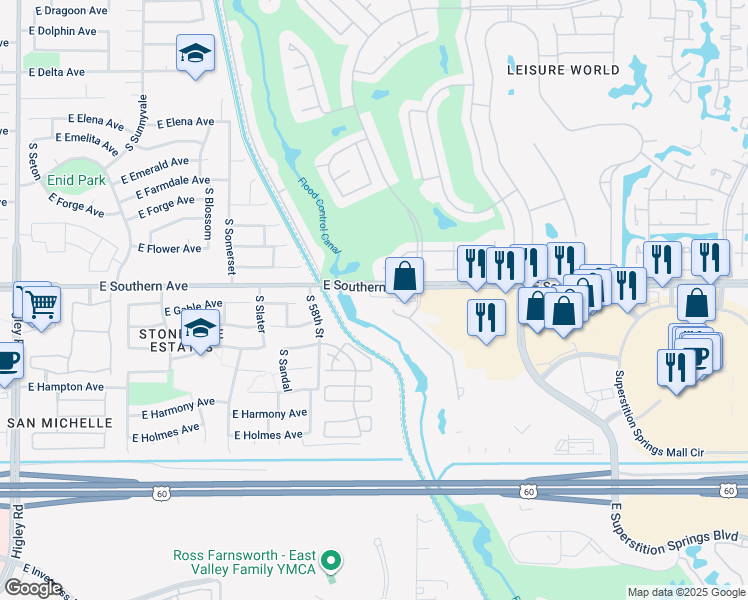 map of restaurants, bars, coffee shops, grocery stores, and more near 5845 East Southern Avenue in Mesa