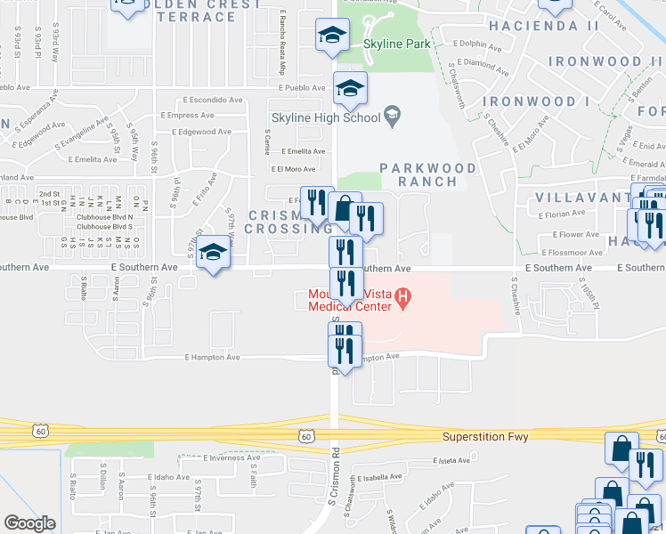 map of restaurants, bars, coffee shops, grocery stores, and more near E Southern Ave & S Crismon Rd in Mesa