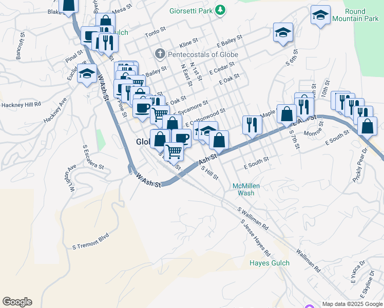 map of restaurants, bars, coffee shops, grocery stores, and more near 443 South Devereaux Street in Globe