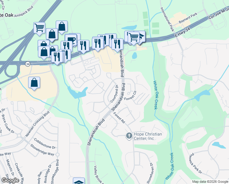 map of restaurants, bars, coffee shops, grocery stores, and more near 160 Courtyard Drive in Newnan