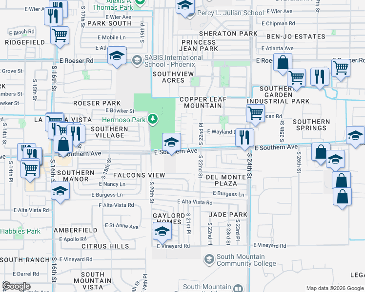 map of restaurants, bars, coffee shops, grocery stores, and more near 5744 South 21st Place in Phoenix